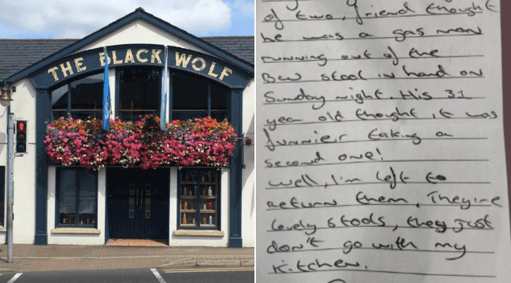 A Dublin pub has shared a brilliant apology it received after two bar stools were stolen